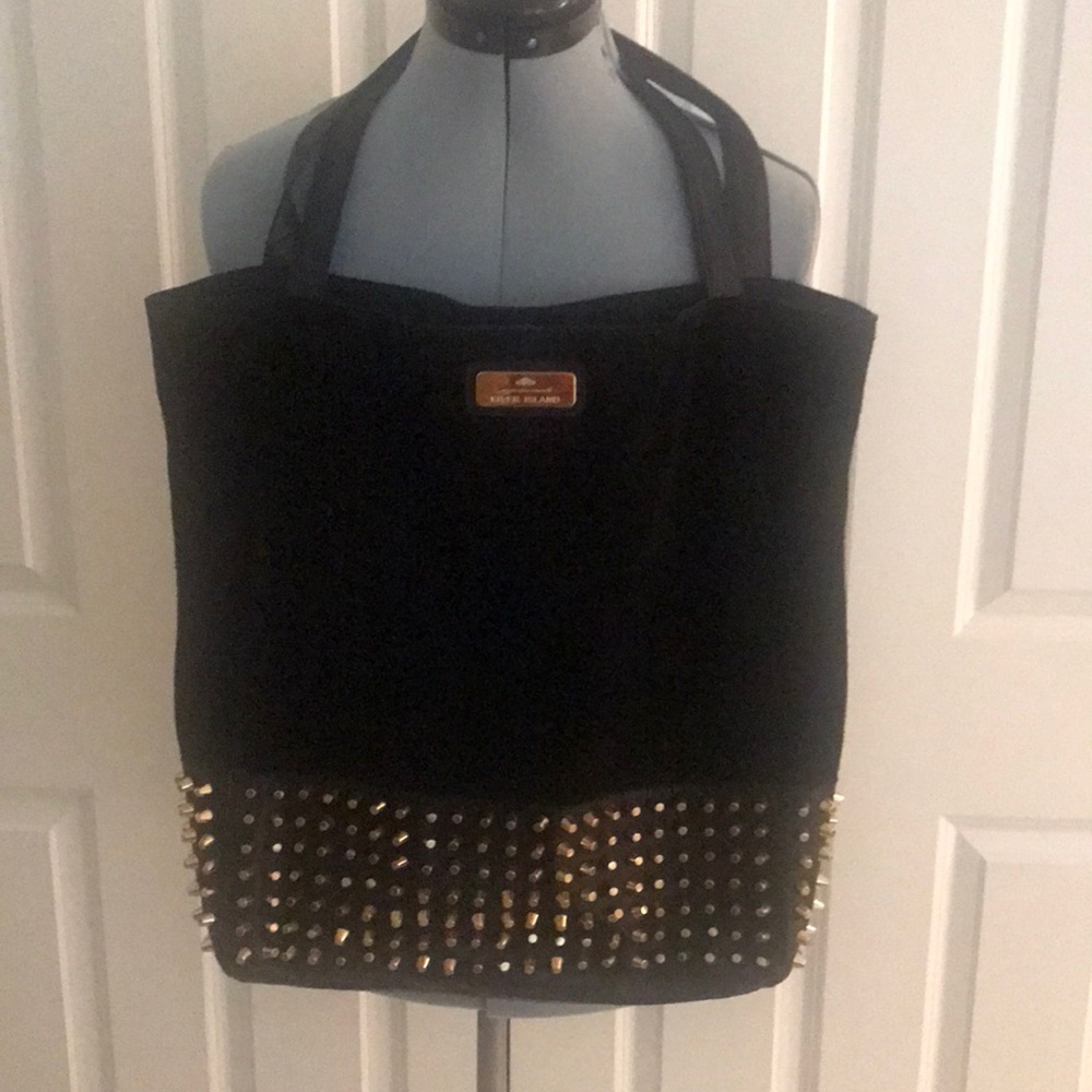 River Island Black Leather & Suede with Gold Studs Tote Bag Purse Handbag